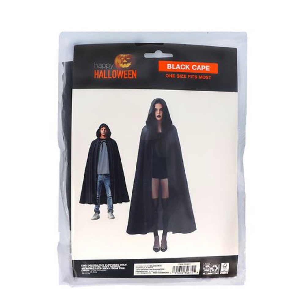 Black Cape with Hood Unisex Man Women Halloween Costume Accessory